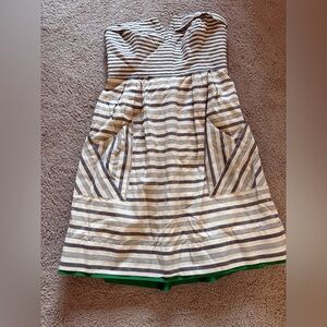 Maeve Navy and White Striped Strapless Dress with Green Hem